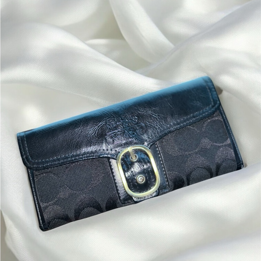 Coach Black monogram Wallet with Gold Clasp and leather Finish